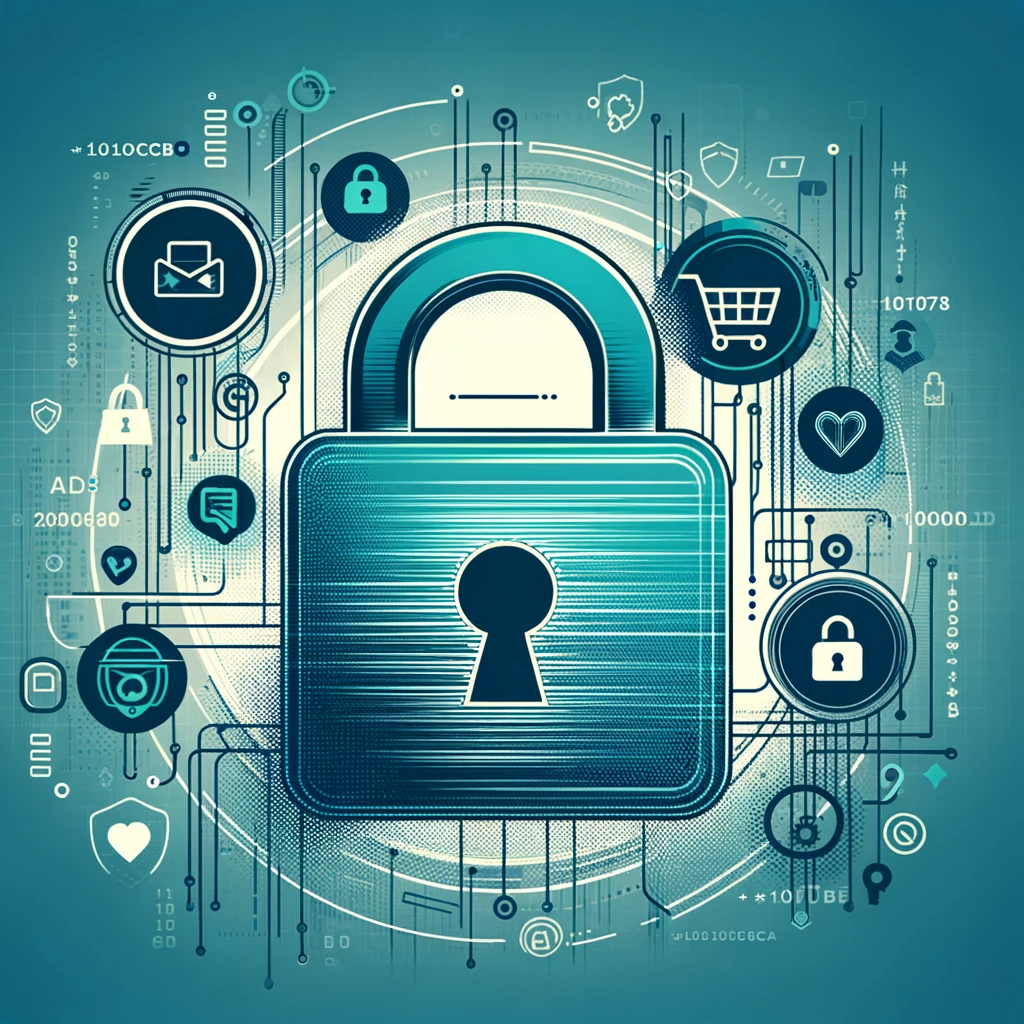 Digital illustration of a padlock symbolizing data security on a background with personal data icons, reflecting Active Youth Swag's dedication to protecting customer privacy in line with their Privacy & Cookies Policy.