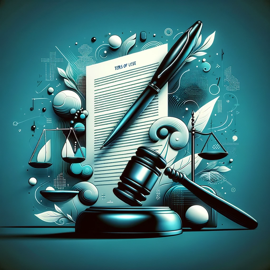 Digital illustration of legal document, pen, gavel, and scales in shades of turquoise, symbolizing the Terms of Use Policy of Active Youth Swag.